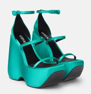 Versace Satin Three Strap Platform Wedge Sandal Heels In Emerald Green Sz 37 1/2 - Picture 1 of 9
