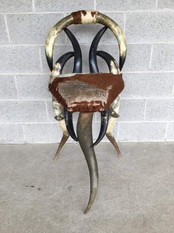 ANTIQUE VICTORIAN STEER HORN W/HIDE ACCENT STOOL Cover