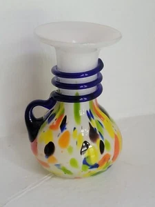 Czech Bohemian Spatter Glass Vintage Cobalt Blue Handle Pitcher Vase - Picture 1 of 4