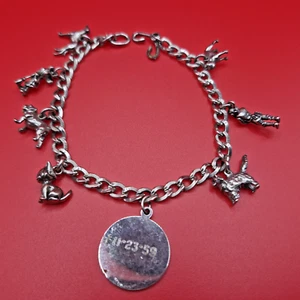Vintage Sterling Charm Bracelet Minnie Mouse, Cats Dogs Great Dane Bulldog 7.7" - Picture 1 of 21
