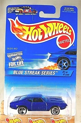 Hot Wheels #573 Blue Streak Series 1997 1/4 Olds 442 base cromada azul con 3 radios Foto 1 de 4