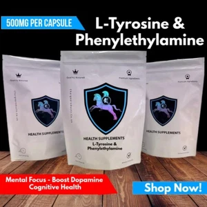 L-Tyrosine & Phenylethylamine Capsules 500mg Boost Dopamine Cognitive Health - Picture 1 of 6
