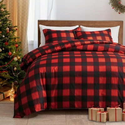 Duvet Cover Set 3Pcs Christmas Red And Black Plaid Queen Size 800 TC With Zipper - Image 1 of 4