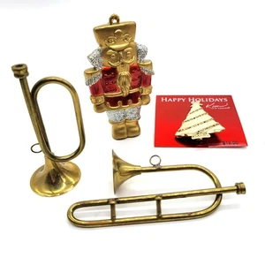 Vintage Holiday Ornaments Brass Horns & Christmas Tree Brooch Kim Rogers - Picture 1 of 10