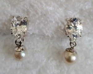 Monet Signature Vtg Exquisite Teardrop Dangle CZ & Pearl Wedding Earrings~NOS - Picture 1 of 12