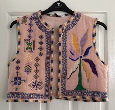Zara Boho Embroidered Sleeveless Vest Pink Multicolour  Waistcoat – Size S Small - Image 1 of 4