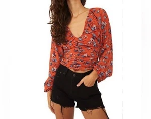 Free People Top Damen Größe Small Orange Boho Blumen Cropped Ballonärmel - Bild 1 von 11