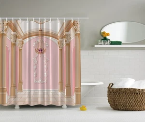 Luxury Pink Golden Castle Palace Columns Chandelier Bath Shower Curtain Decor - Picture 1 of 1