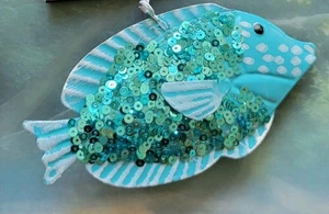 Blue Fish Metal Ornament  Bead Sequin Flounder Nautical Ocean Hobby Lobby New - Picture 1 of 2
