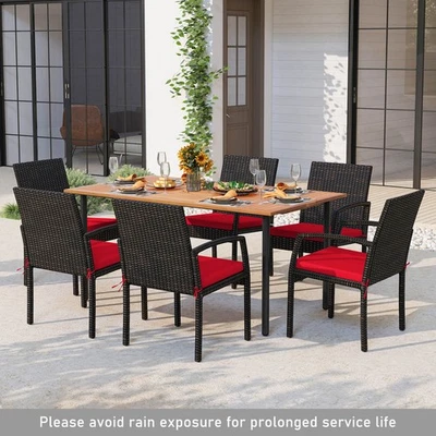 Patiojoy 7PCS Patio Rattan Dining Set Cushioned Chair Table W/Umbrella Hole Red - Image 1 of 4