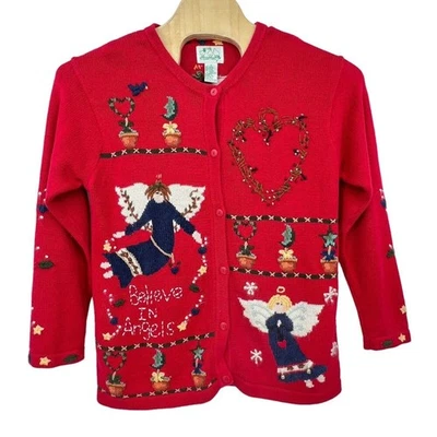 Quacker Factory Red Holiday Christmas Folk Art Angels Cardigan Country Med - Image 1 of 4