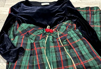 Rare Editions 90s Vintage Girls Blue Velvet Green Red Plaid Christmas Dress Sz 7 - Image 1 of 4