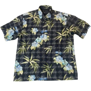 Tommy Bahama XL Seide Button Down Hemd blau Blumen Bambus kariert Herren - Bild 1 von 7