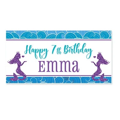 18"x30" Teal and Purple Mermaid Personalized Party Banner - Image 1 of 2