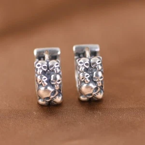 S925 Silver SKULLS Band Huggie Hoop Earrings Gothic Biker Retro PAIR Unisex 4.5g - Picture 1 of 14