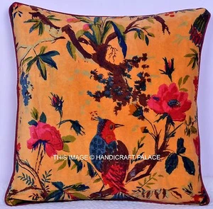 Reversible Velvet Pillow Case Bird Floral Printed Indian Decor Cushion Cover 16" - Picture 1 of 3