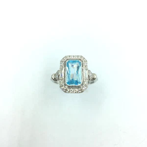 Beautiful Aqua Emerald Cut Aquamarine With White CZ Art Deco Ring ( 10.5 Size ) - Picture 1 of 5