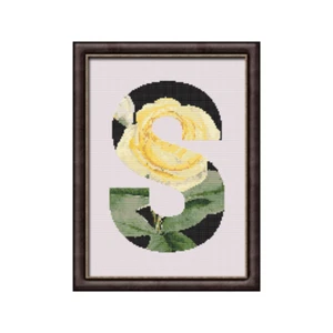 Yellow Rose on Black S Monogram Cross Stitch Pattern/Chart, Initial Letter - Picture 1 of 2