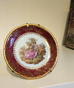 Vintage Small Limoges La Reine Porcelain Plate Fragonard Lovers Scene with stand