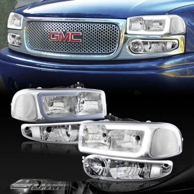 For 2001-2006 GMC Yukon 1500 Denali G2 DRL LED Chrome Clear Headlights+Bumper 4P - Image 1 of 4
