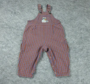 Vintage Buster Brown Overalls Toddler 18 Mos red Plaid embroidered Racoon 1990s - Picture 1 of 12