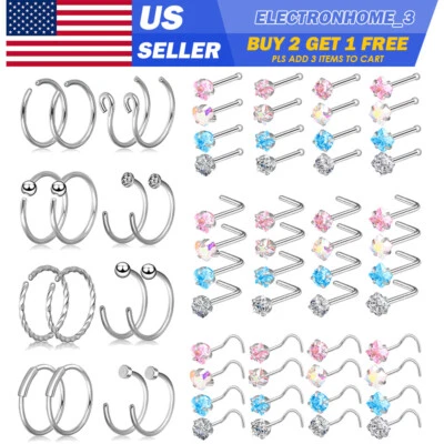 Juego de pernos de anillo de nariz de gema de circonita cúbica de 16-64 piezas Tornillo de acero quirúrgico L Kit de pernos de hueso de curvatura 20G Foto 1 de 4