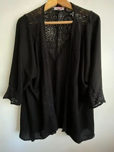 Mambo Cardigan Womens Size 10 Black Lace Trim 3/4 Sleeve Open Front Flowy Comfy - Picture 1 of 12