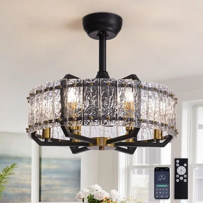 20" Black Crystal Ceiling Fan with Light and Remote ,Low Profile Chandelier  Fan - Image 1 of 4