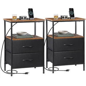 Nightstands Set of 2 End Bedside Tables with Charging Station & 2 Fabric Drawers - Picture 1 of 24