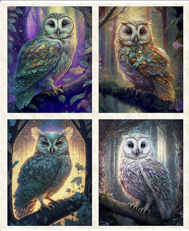 Tela de búho búhos místicos pájaros nocturnos escenas del bosque algodón crudo QT 36"X44" panel Foto 1 de 1