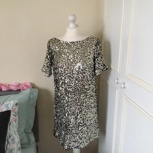 Women’s Monsoon UK 8 Sequin Dress Gold Silver And Black Short Sleeves Unlined - Picture 1 of 12