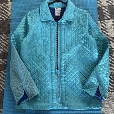 Vintage Quacker Factory Size Small Quilted Silk Jacket Blue Turquoise Rhinestone - Image 1 of 4
