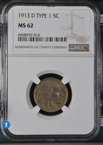 1913-d Buffalo Nickel.  Type 1.  In NGC Holder.  MS 62 - Picture 1 of 2