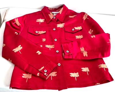 Asian Inspired Jacket Womens Sz M Shirt Blazer Silk Rayon Dragonflys--3 Sisters - Image 1 of 4