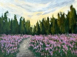 Original Ölgemälde Landschaft Gemälde Weg Wildblumen Original Wandbild 6x8" - Bild 1 von 7