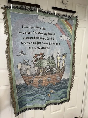 Woven Tapestry Throw Blanket Noah’s Ark Animals Rainbow Sunshine Clouds Baby EUC - Image 1 of 4