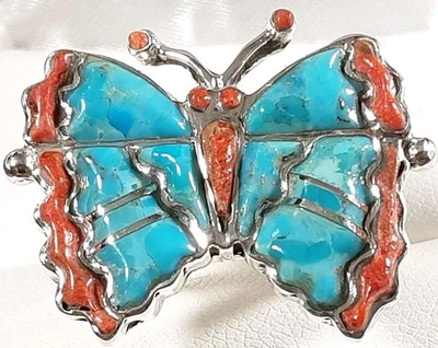 925 STERLING SILVER TURQUOISE & CORAL BUTTERFLY SIZE 7 RING 6.9g - Image 1 of 4