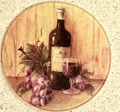 Cheese Glass BOARD 8’’ ROUND, CHEESE, WINE BOTTLE, GLASS & GRAPES Pre-own - Image 1 of 2