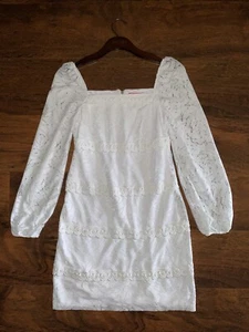 Lilly Pulitzer 4 Bungalow Blossom WHITE LACE ZOELLA DRESS Long Blouson Sleeves - Picture 1 of 9