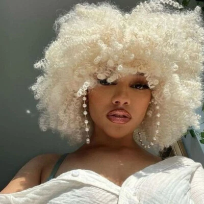 Pelucas sintéticas cortas rizadas rubias platino seguras para el calor fiesta cos sin pegamento Foto 1 de 4