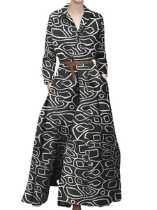 ZANZEA Women Printed Lapel Long Sleeves Pleated A Swing Dress With Pockets (LARG - Picture 1 of 7