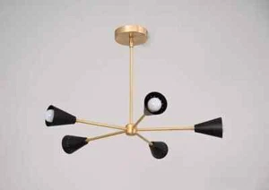 Mid Century Brass Light 5 Arms Black Matte Pinwheel Sputnik Ceiling Pendent Lamp - Picture 1 of 5