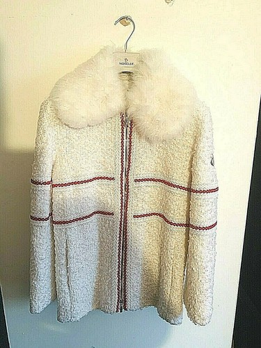 GIACCA MONCLER DONNA RARA USATA CON COLLETTO IN VERA PELLICCIA BIANCA CON TUBAZIONI ROSSE
