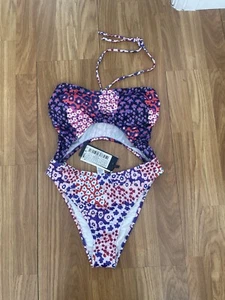 BNWTS. TRENDYOL. SIZE 8. MULTICOLOURED FLORAL, CUT OUT, BANDEAU/HALTER SWIMSUIT - Picture 1 of 17