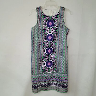 London Times Dress Womens 8 Sleeveless Tank Purple Multi Print Stretch Jersey - Image 1 of 4