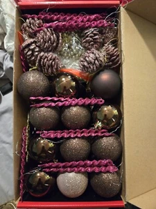 Pink Brown Assorted Shatterproof Christmas Tree Ornaments Gold Bead Garland - Picture 1 of 9