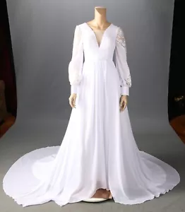 Unbranded Bishop Sleeve Sequin Plunge Chiffon V Neck White Wedding Dress sz 6 - Picture 1 of 4