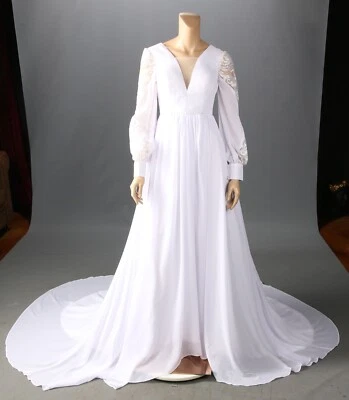 Unbranded Bishop Sleeve Sequin Plunge Chiffon V Neck White Wedding Dress sz 6 - Image 1 of 4