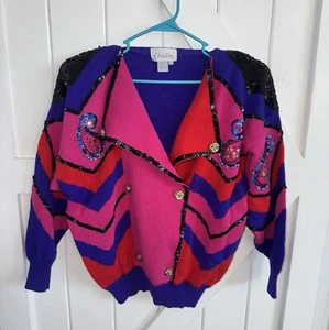 VINTAGE CHRISTINE COLOR BLOCK SWEATER V-NECK GEOMETRIC CHEVRON PULLOVER SIZE L - Picture 1 of 4