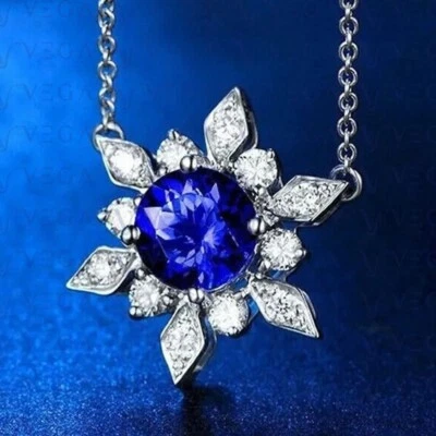 Colgante de diamantes y zafiros naturales de corte redondo de 3 quilates enchapado en oro blanco de 18 quilates sin cadena Foto 1 de 4